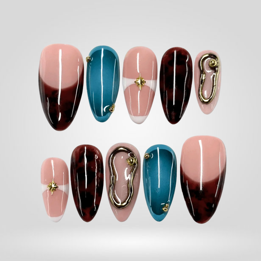 Ocean Wine floral press-on nails - almond shape, front view