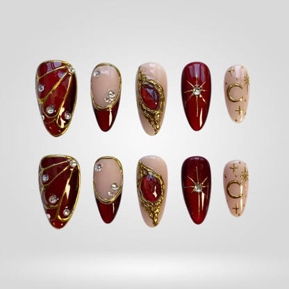 Red Royale berry press-on nails - almond shape, front view