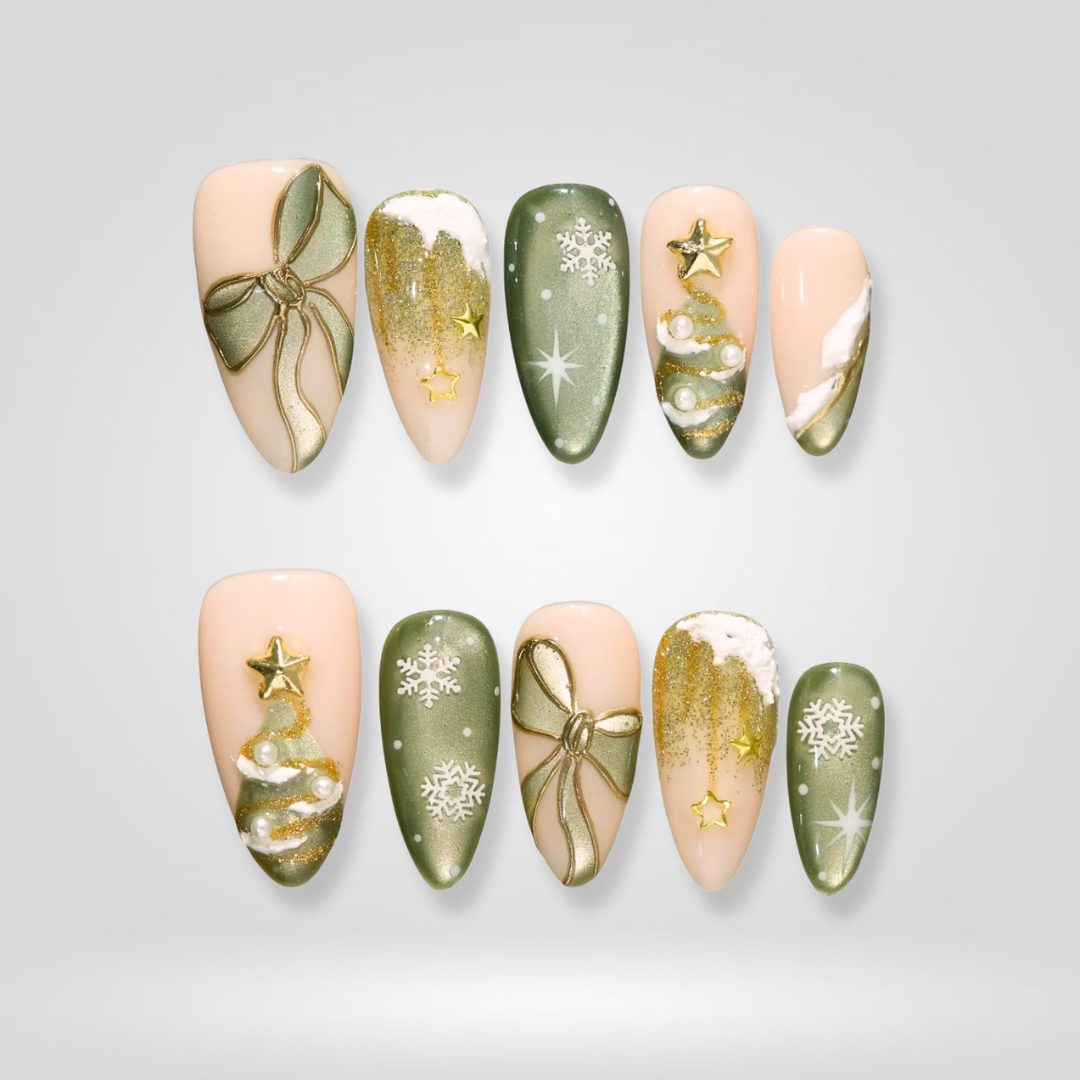 Olive Noel seasonal press-on nails - almond shape, front view