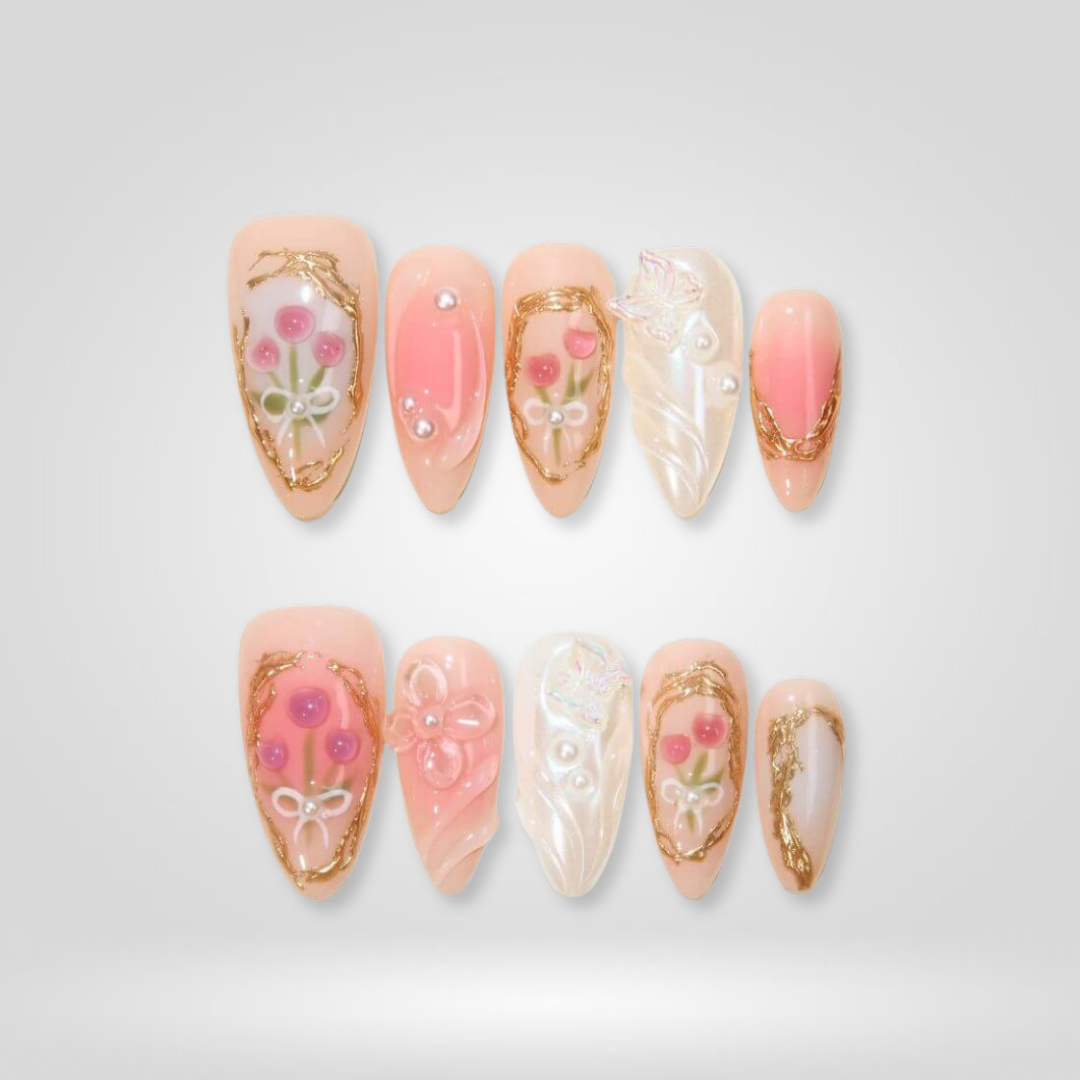 Spring Floral press-on nails on hand - lifestyle photo, cat-eye velvet finish