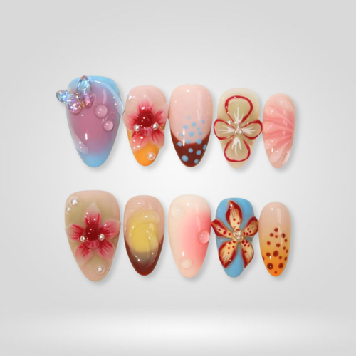 Spring Floral cat-eye velvet press-on nails - almond shape, front view