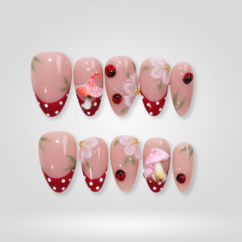 Ladybug Garden floral press-on nails - almond shape, front view