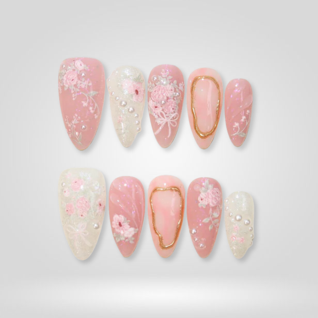 Spring Floral press-on nails close-up texture detail - cat-eye velvet finish, US shipping