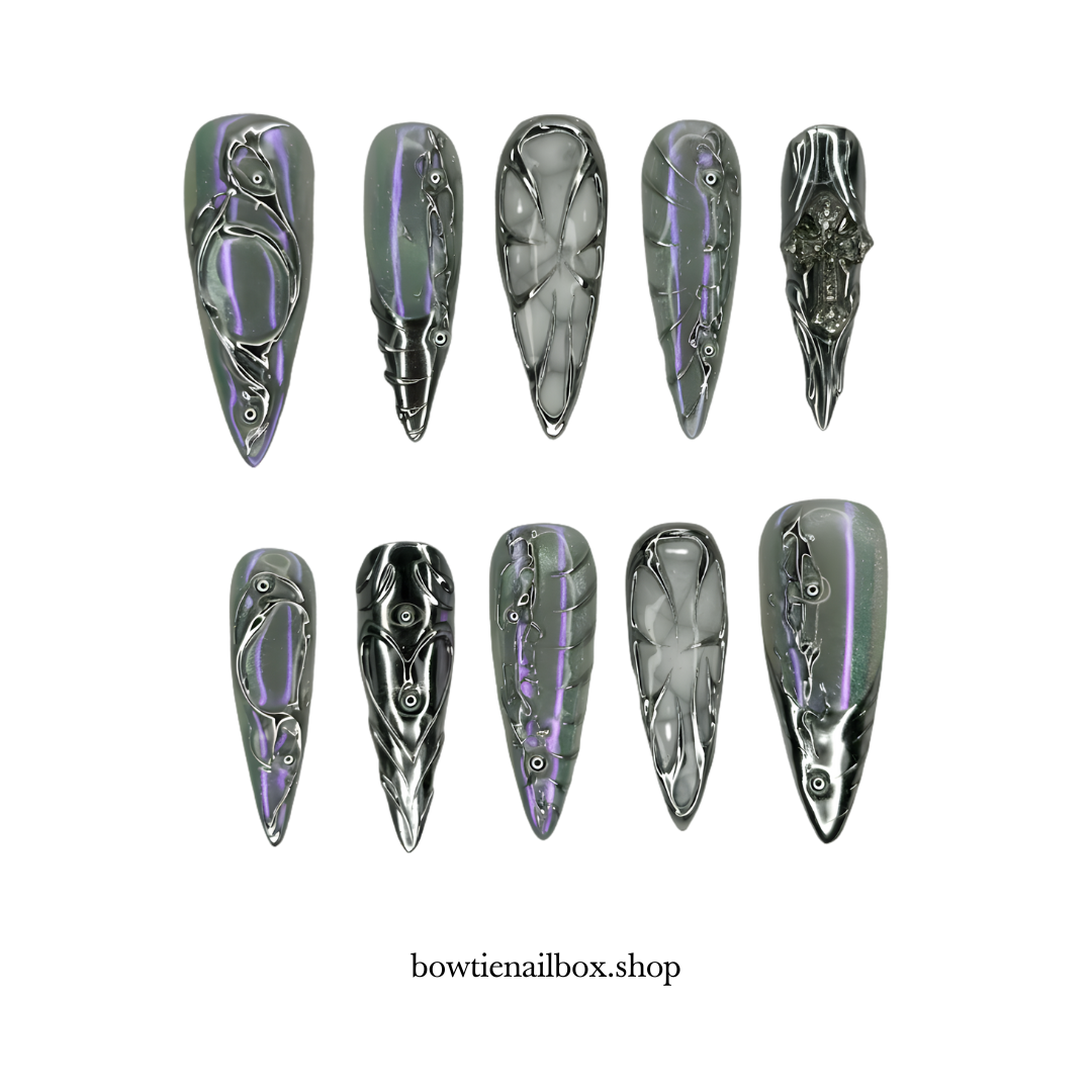 CYBER SIREN pearl-shift press-on nails - almond shape, front view