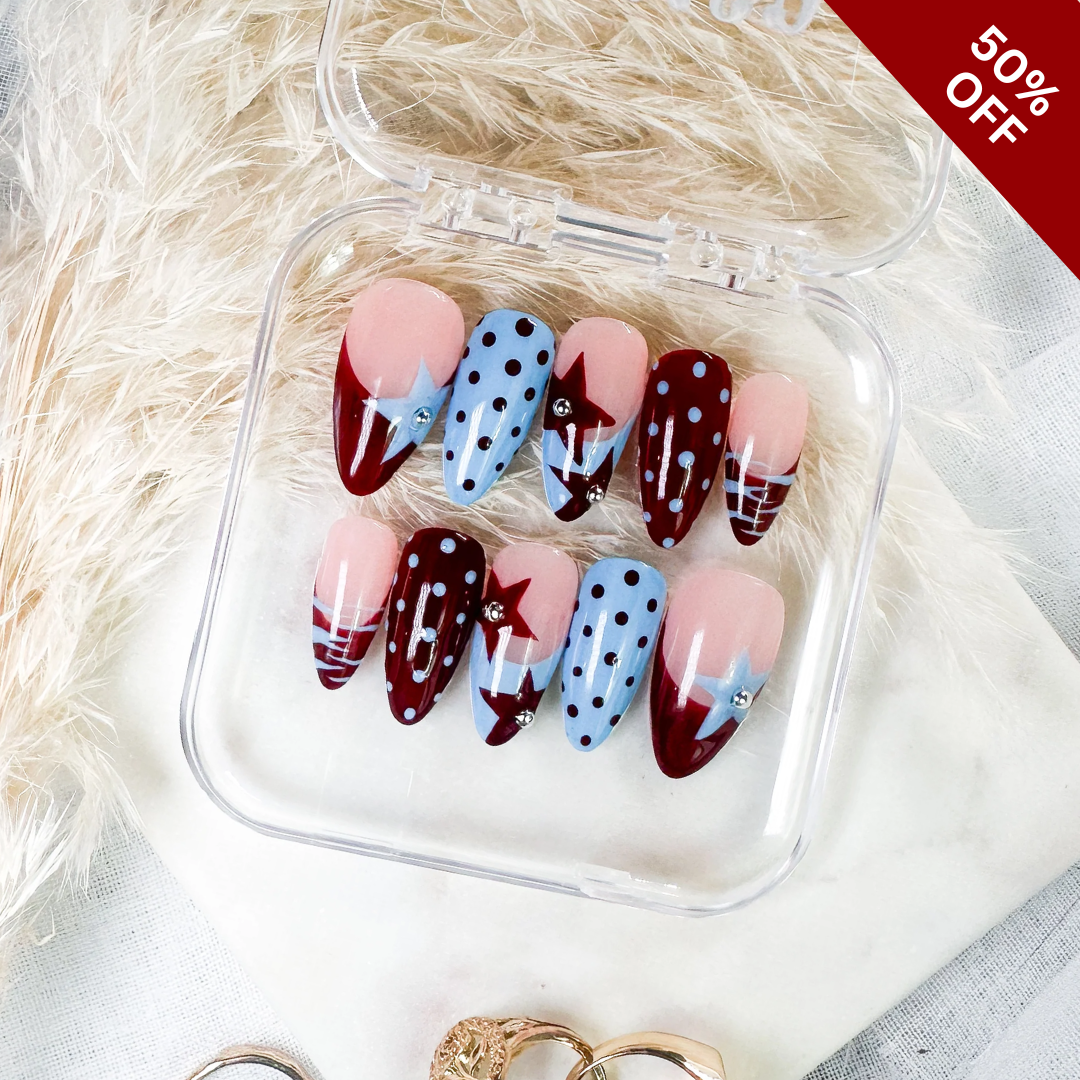 Modern Muse press-on nails on hand - lifestyle photo, polka dot finish
