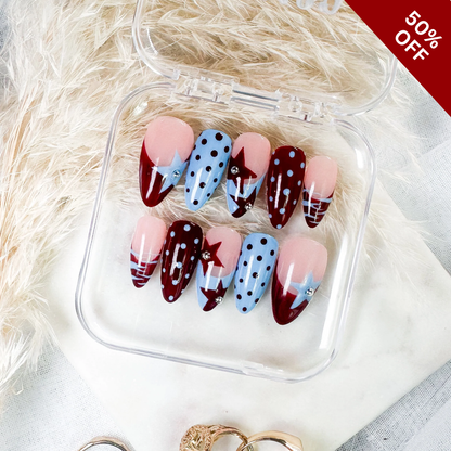 Modern Muse press-on nails on hand - lifestyle photo, polka dot finish