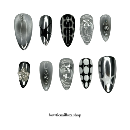 NOIR NETWORK pearl-shift press-on nails - almond shape, front view