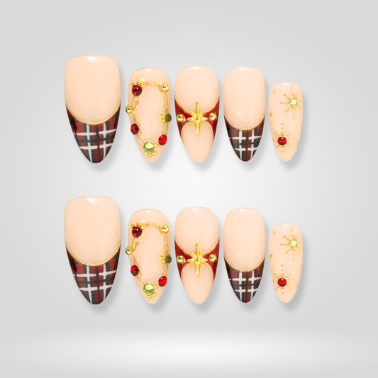 Plaid Star seasonal press-on nails - almond shape, front view