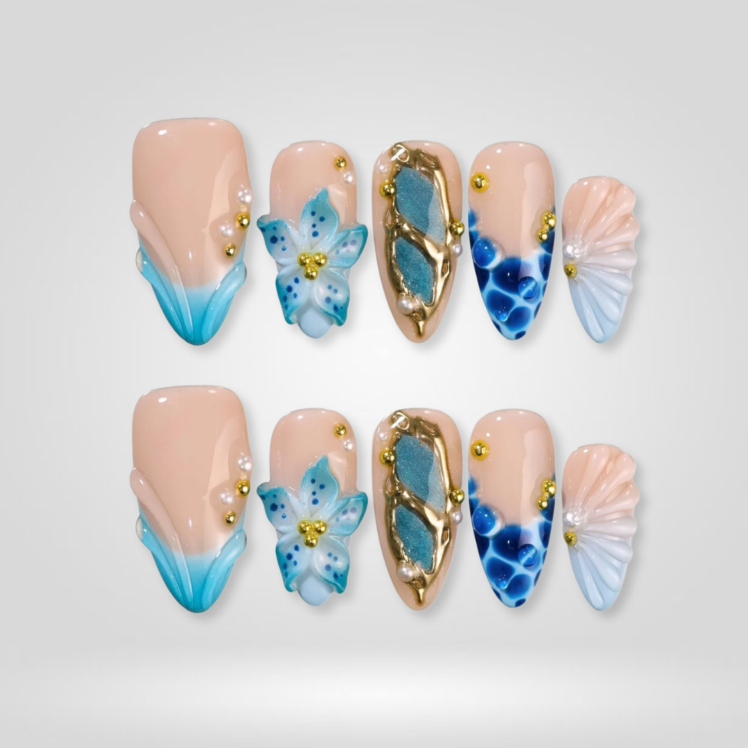 Summer Ocean cat-eye velvet press-on nails - almond shape, front view