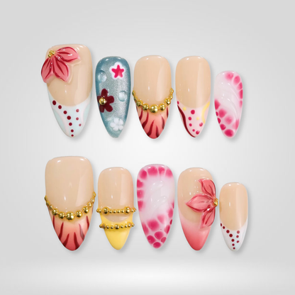 Summer Ocean press-on nails on hand - lifestyle photo, cat-eye velvet finish