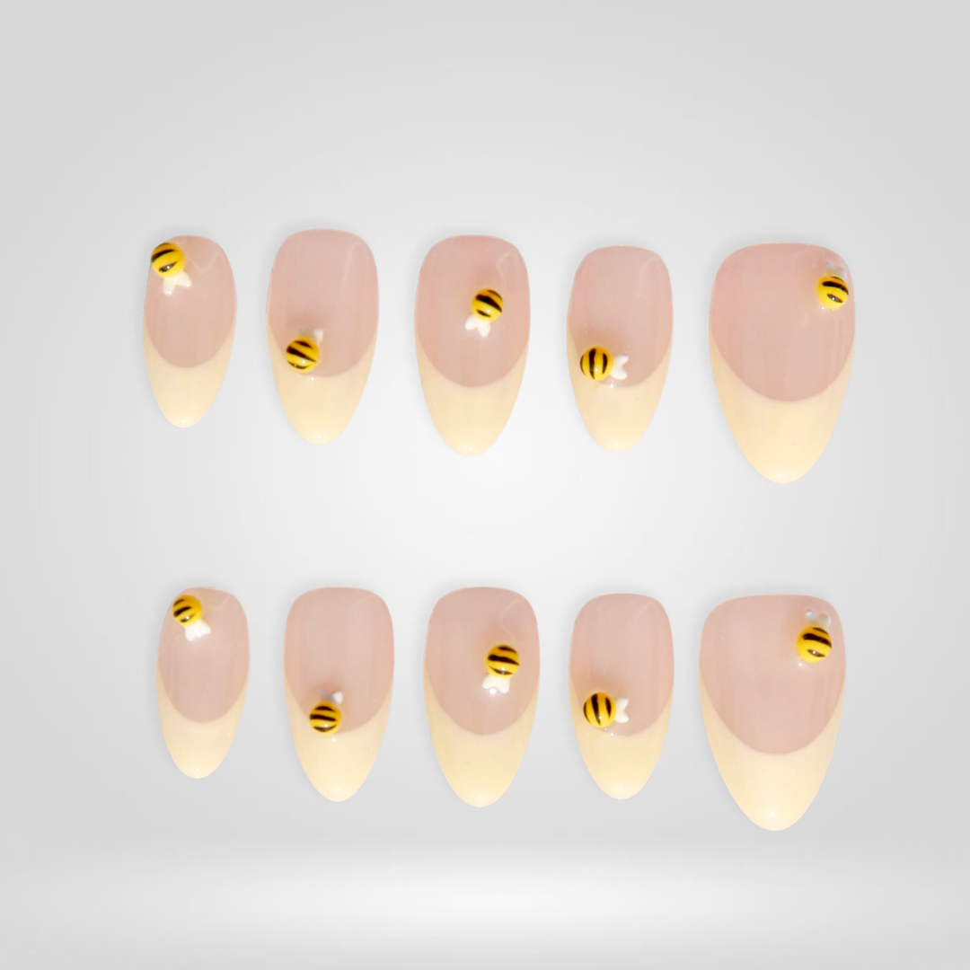 Honey Bee floral press-on nails - almond shape, front view