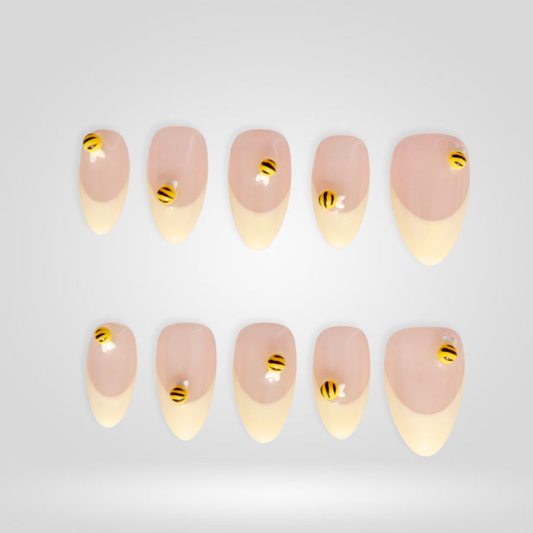 Honey Bee floral press-on nails - almond shape, front view
