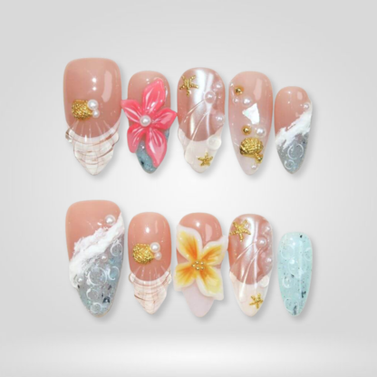 Summer Ocean press-on nail set - XS to L sizing, cat-eye velvet design