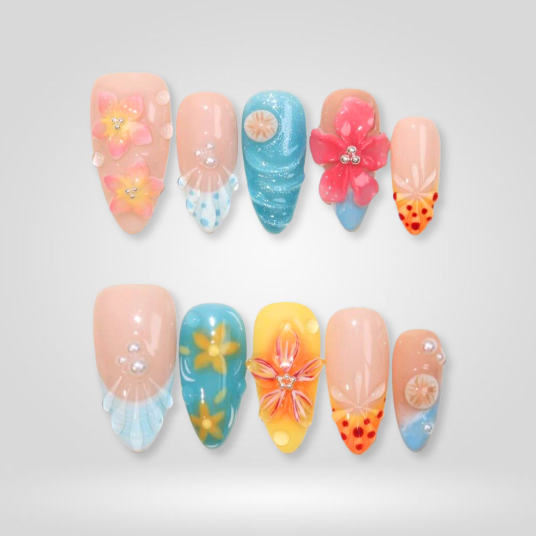 Summer Ocean press-on nails close-up texture detail - cat-eye velvet finish, US shipping