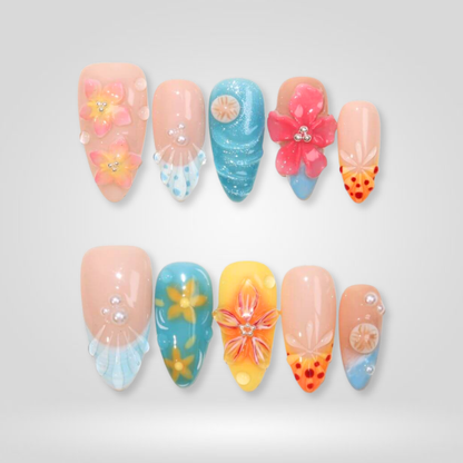 Summer Ocean press-on nails close-up texture detail - cat-eye velvet finish, US shipping