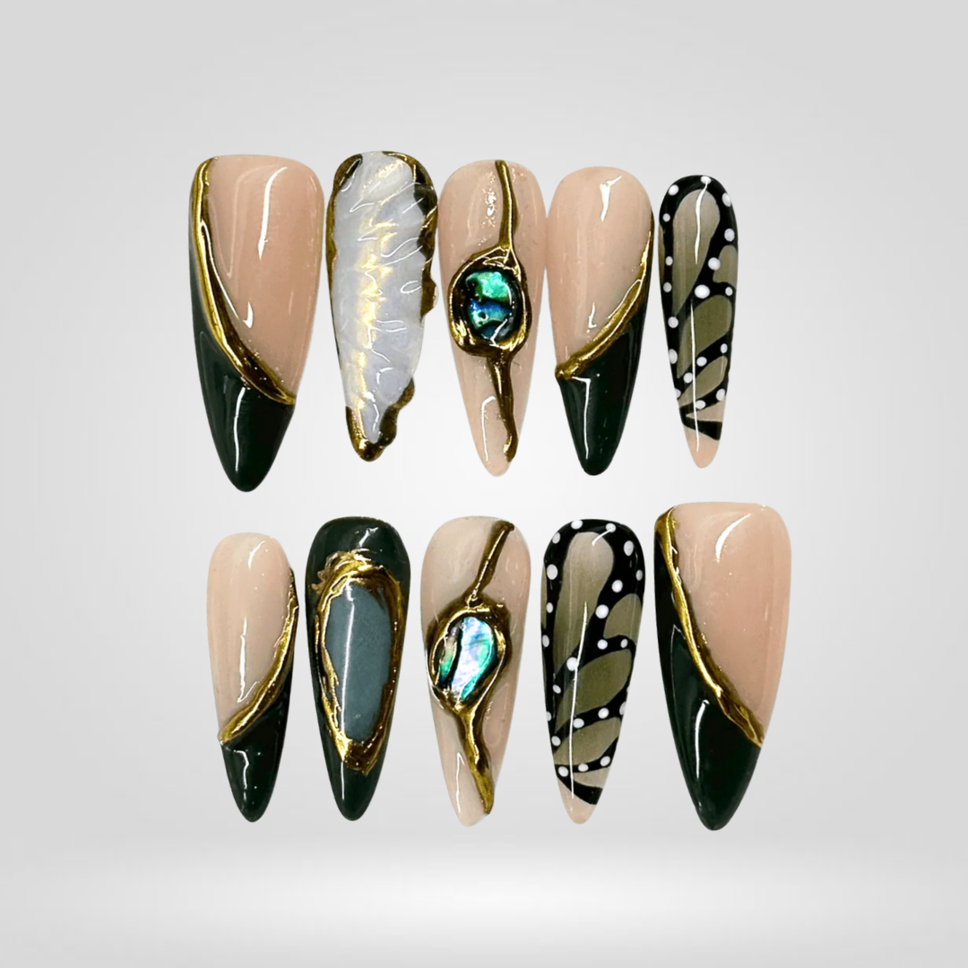 Forest Gem floral press-on nails - almond shape, front view