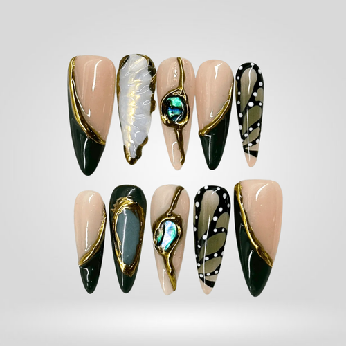Forest Gem floral press-on nails - almond shape, front view