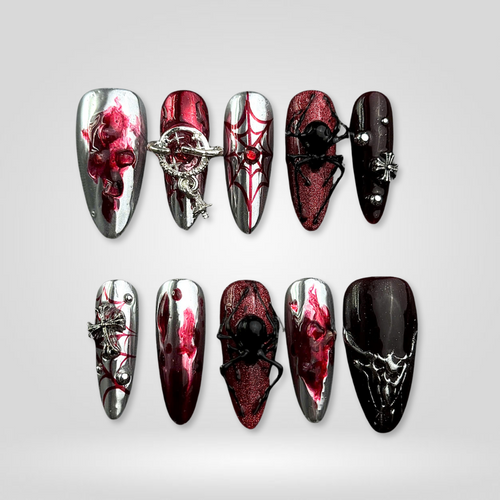 Eternal Night floral press-on nails - almond shape, front view