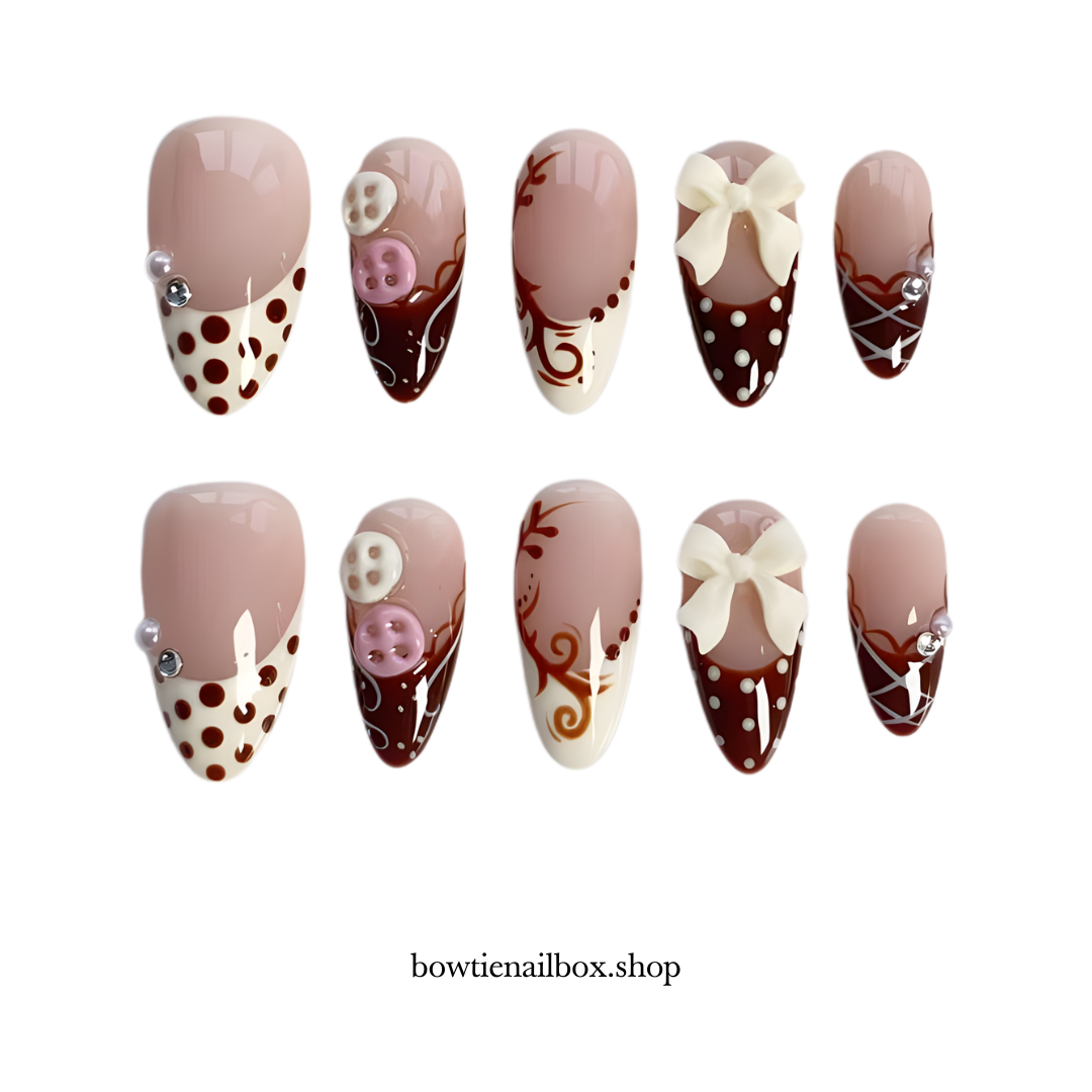 BUTTON BLISS polka dot press-on nails - almond shape, front view