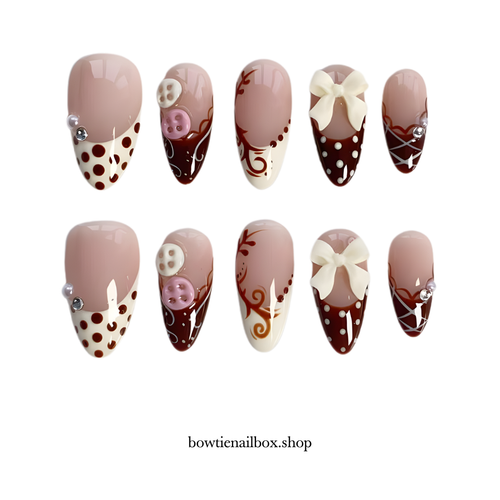 BUTTON BLISS polka dot press-on nails - almond shape, front view