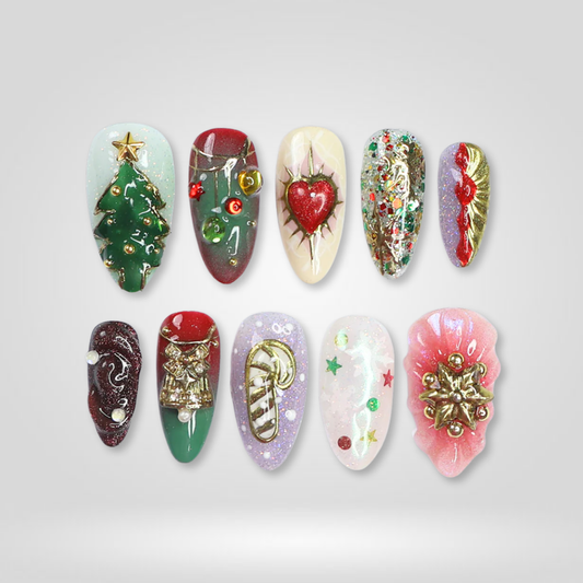 Festive Spark sparkle press-on nails - almond shape, front view