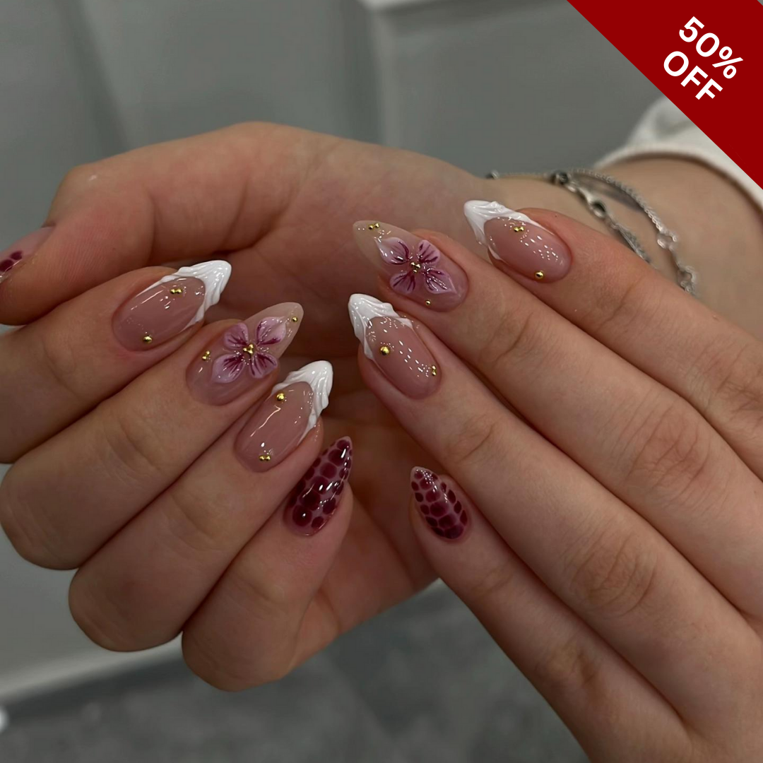 Blush Elegant press-on nails on hand - lifestyle photo, cat-eye velvet finish