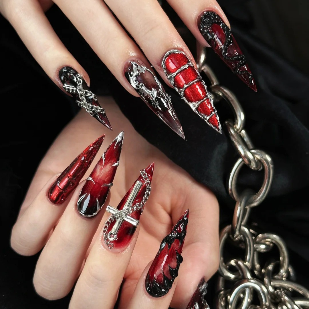 Nightshade Bloom floral press-on nails - almond shape, front view