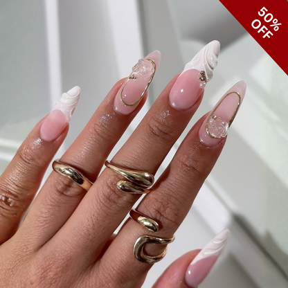 Gentle Blooms press-on nails on hand - lifestyle photo, cat-eye velvet finish