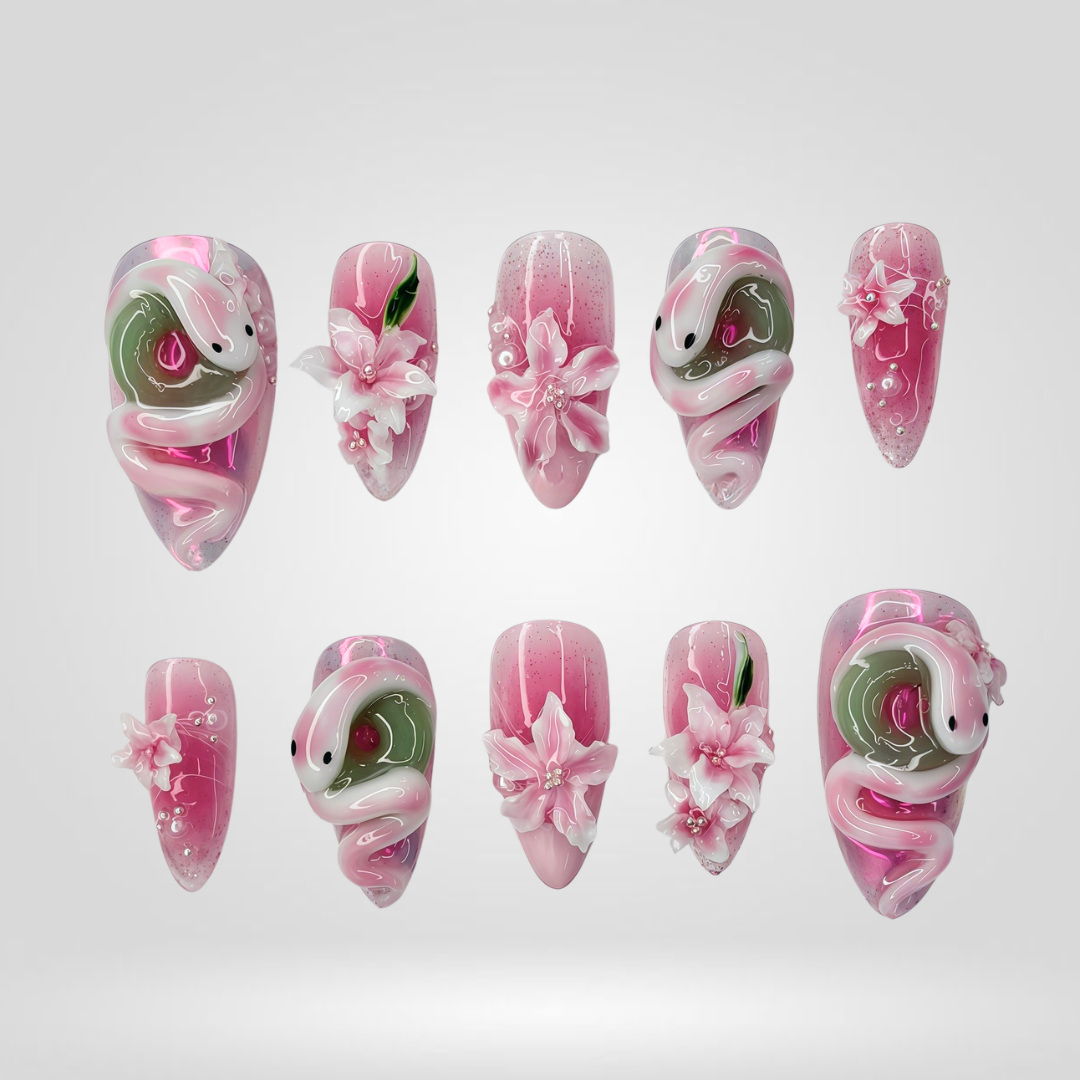 Tropical Blossom press-on nail set - XS to L sizing, cat-eye velvet design
