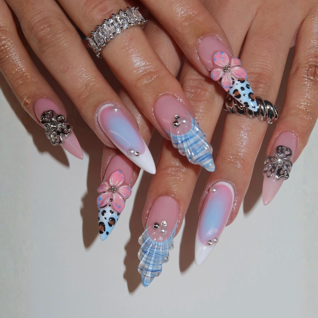 Tropical Muse press-on nail set - XS to L sizing, cat-eye velvet design