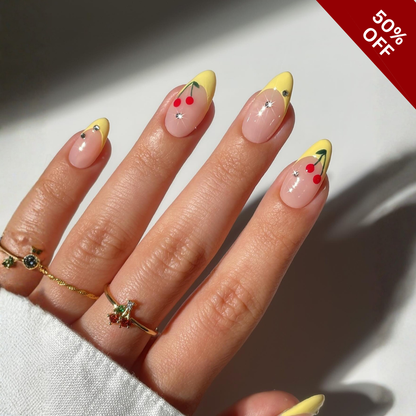 Tender Florals press-on nails on hand - lifestyle photo, cat-eye velvet finish