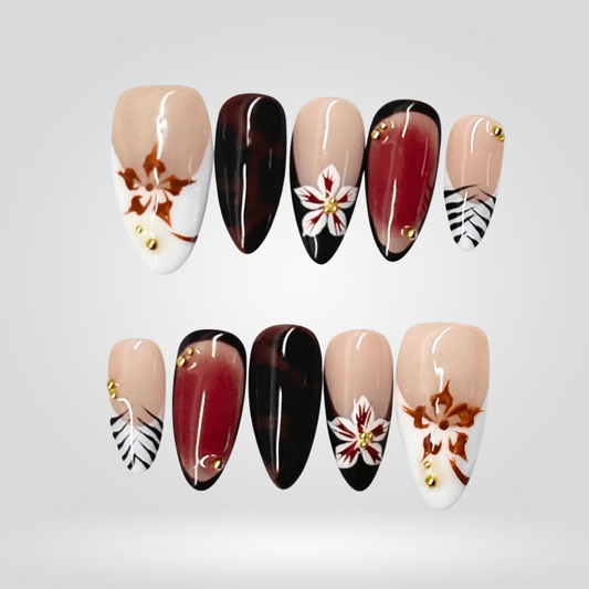 Autumn Bloom floral press-on nails - almond shape, front view