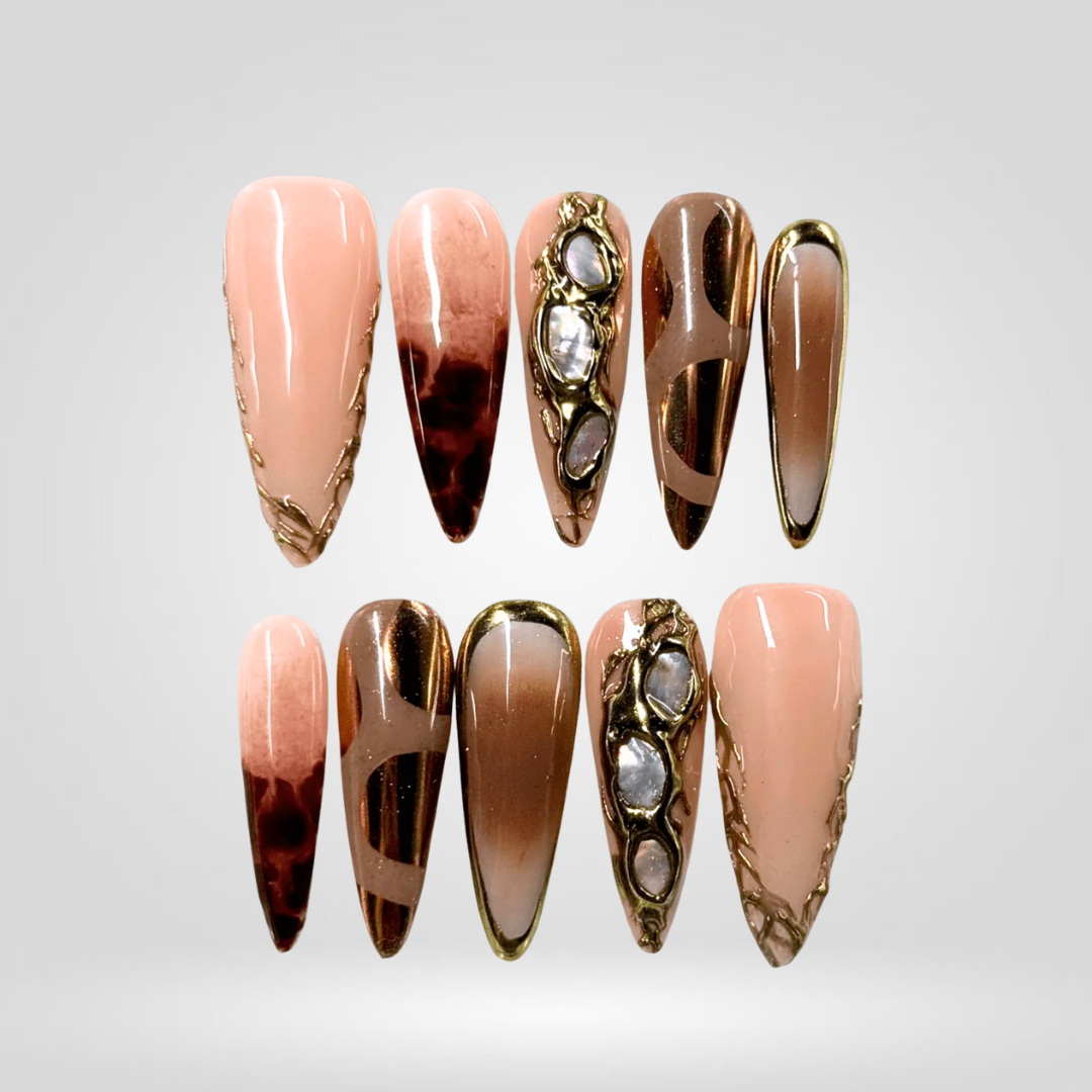 Golden Muse floral press-on nails - almond shape, front view