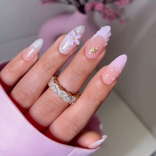 Seashell Blossom cat-eye velvet press-on nails - almond shape, front view