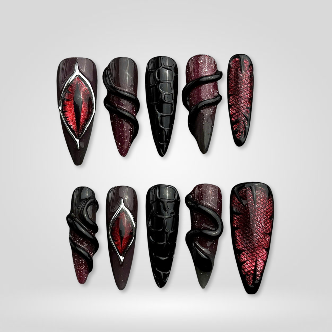 Wicked Beauty press-on nails on hand - lifestyle photo, seasonal finish