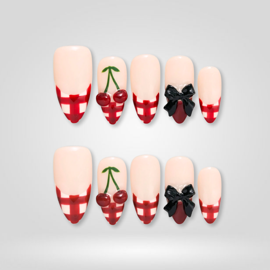 Cherry Wrap berry press-on nails - almond shape, front view