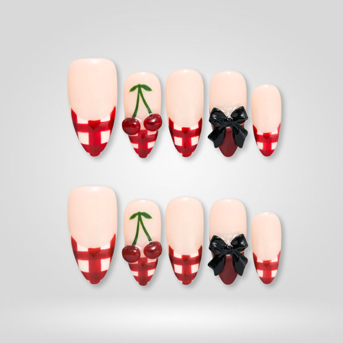 Cherry Wrap berry press-on nails - almond shape, front view