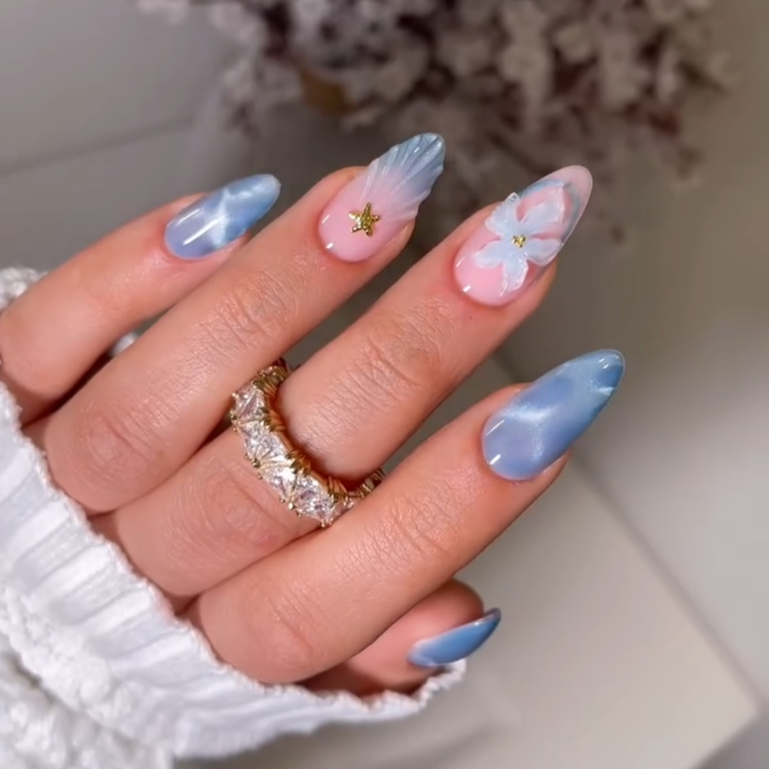 Seashell Blossom press-on nails close-up texture detail - cat-eye velvet finish, US shipping