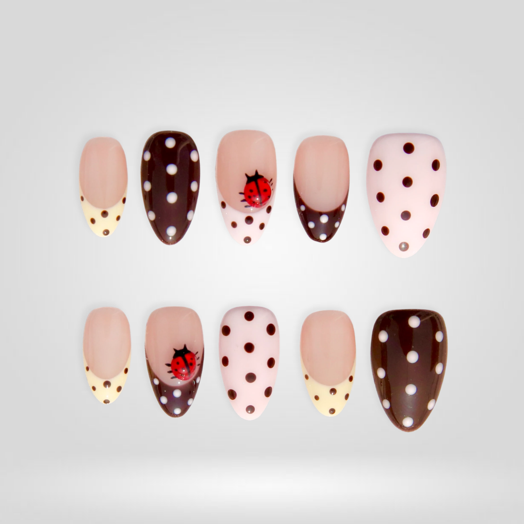 Cocoa Lady floral press-on nails - almond shape, front view