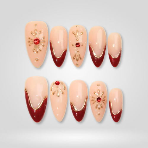 Crimson Party seasonal press-on nails - almond shape, front view