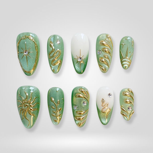 Green Aura watercolor aura press-on nails - almond shape, front view