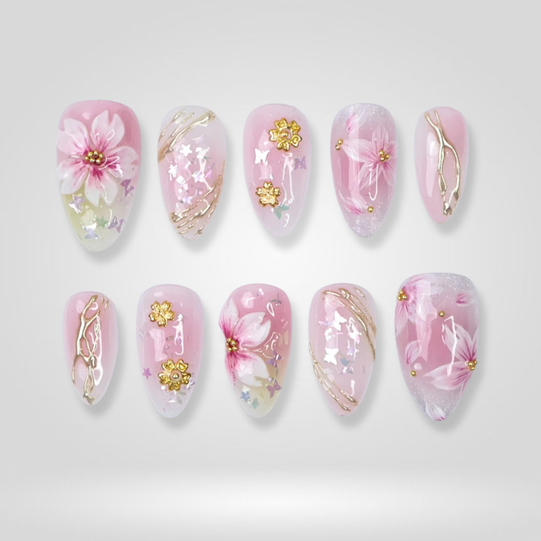 Cherry Petal floral press-on nails - almond shape, front view