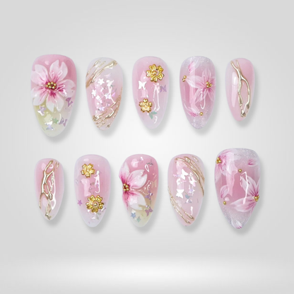 Cherry Petal floral press-on nails - almond shape, front view
