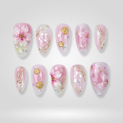 Cherry Petal floral press-on nails - almond shape, front view
