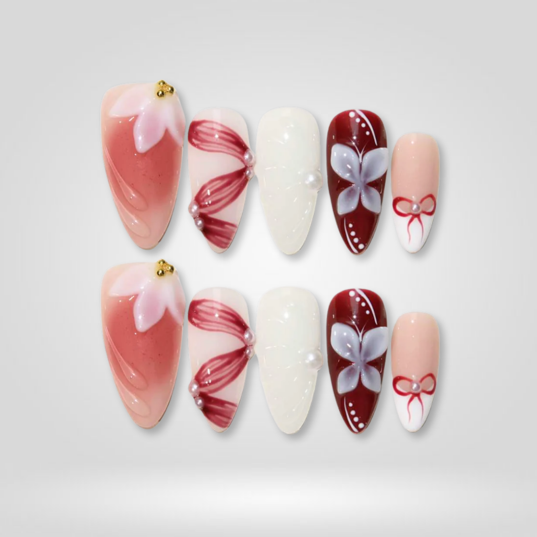 Blush Ribbon seasonal press-on nails - almond shape, front view