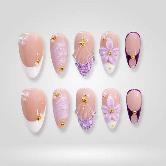 Golden Lily floral press-on nails - almond shape, front view