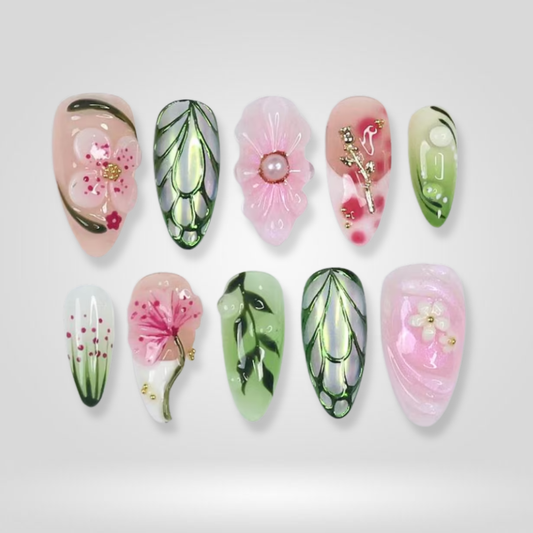 Petal Dew floral press-on nails - almond shape, front view