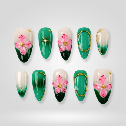 Jade Flower floral press-on nails - almond shape, front view