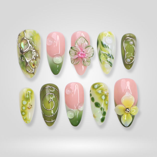 Spring Glow floral press-on nails - almond shape, front view