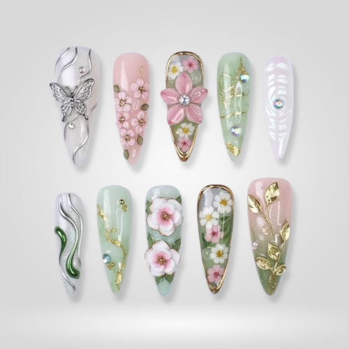 Silver Flutter floral press-on nails - almond shape, front view
